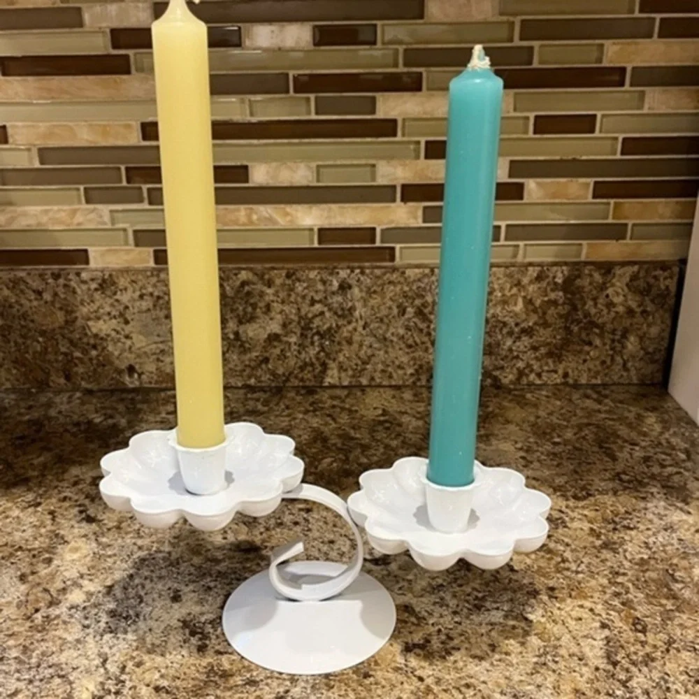 Vintage White Metal Double Candlestick Holder Tiered Flower Shaped